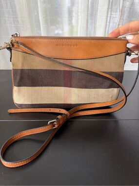 Burberry Tan and Brown Check Crossbody Bag with Leather Trim